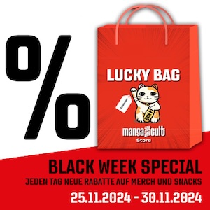 weißer Hintergrund, großes Prozentzeichen, Lucky-Bag-Abbildung, Text: Black Week Special – Jeden Tag Rabatte auf Merch und Snachs – 25.11.2024 - 30.11.2024