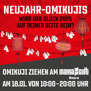 roter hintergrund. Abbildung von Omijuji auf Leinen gebunden mit Laternen, auch an Leinen gebunden. Text: Neujahr-Omikujis: Wird das Glück 2025 auf deiner Seite stehen? Omikuji ziehem am Manga Cult Store am 18.01. vom 10:00 - 20:00